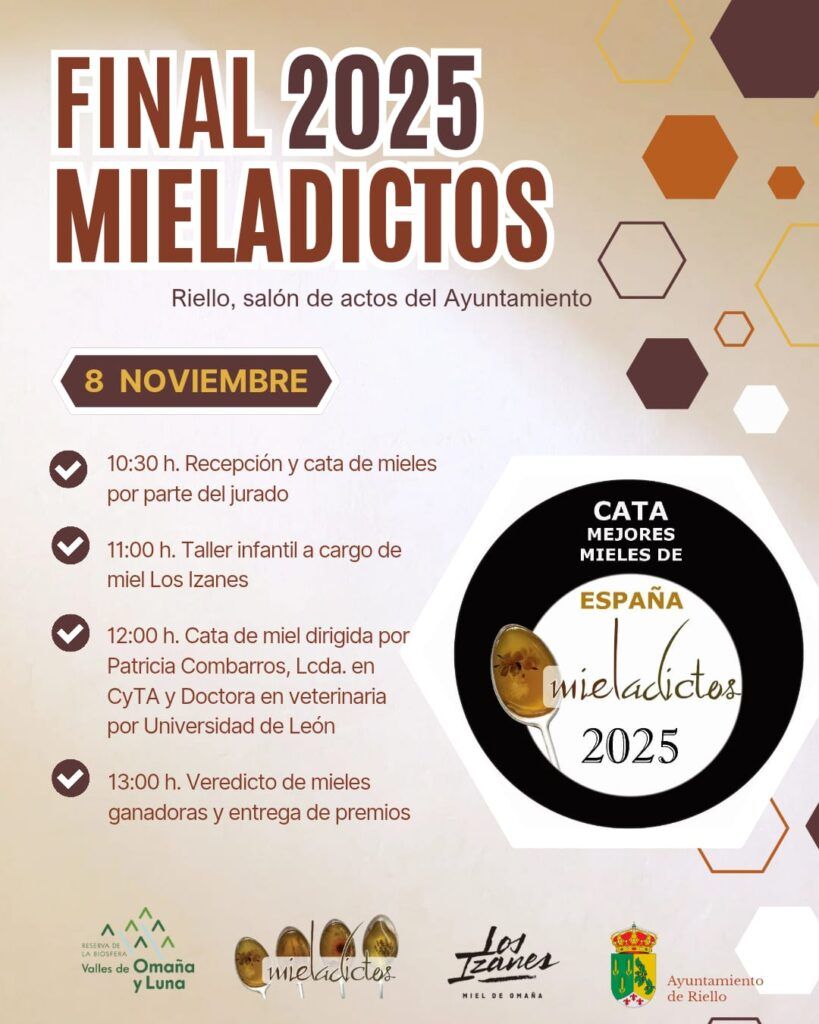 Final de la Cata Mieladictos 2025 en Riello, León. Colaboran Los Izanes, Ayuntamiento de Riello y Reserva de la Biosfera de los Valles de Omaña y Luna